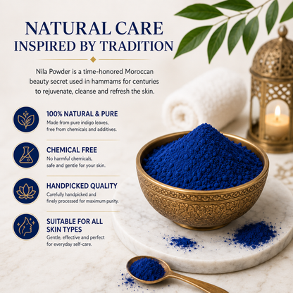 Moroccan Bliss Traditional Nila Powder for Face and Bod Natural Blue Moroccan for Bath, Spa and Hammam Deep Cleansing, Exfoliating and Refreshing Beauty Care,50g