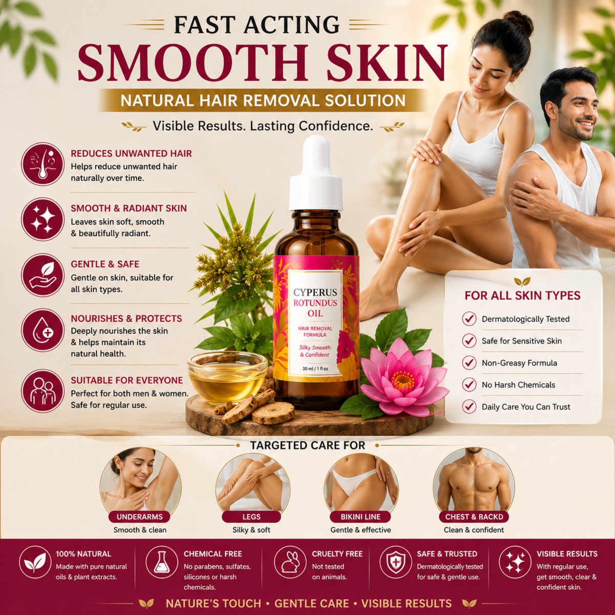 Cyperus Rotundus Hair Removal Oil, Botanical Oil For Hair Removal Spray & Smooth Skin Feel, Hair Reduction Oil for Face, Arms, Legs & Body, For Men & Women 30ml