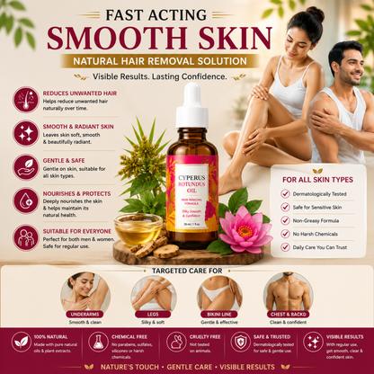 Cyperus Rotundus Hair Removal Oil, Botanical Oil For Hair Removal Spray & Smooth Skin Feel, Hair Reduction Oil for Face, Arms, Legs & Body, For Men & Women 30ml