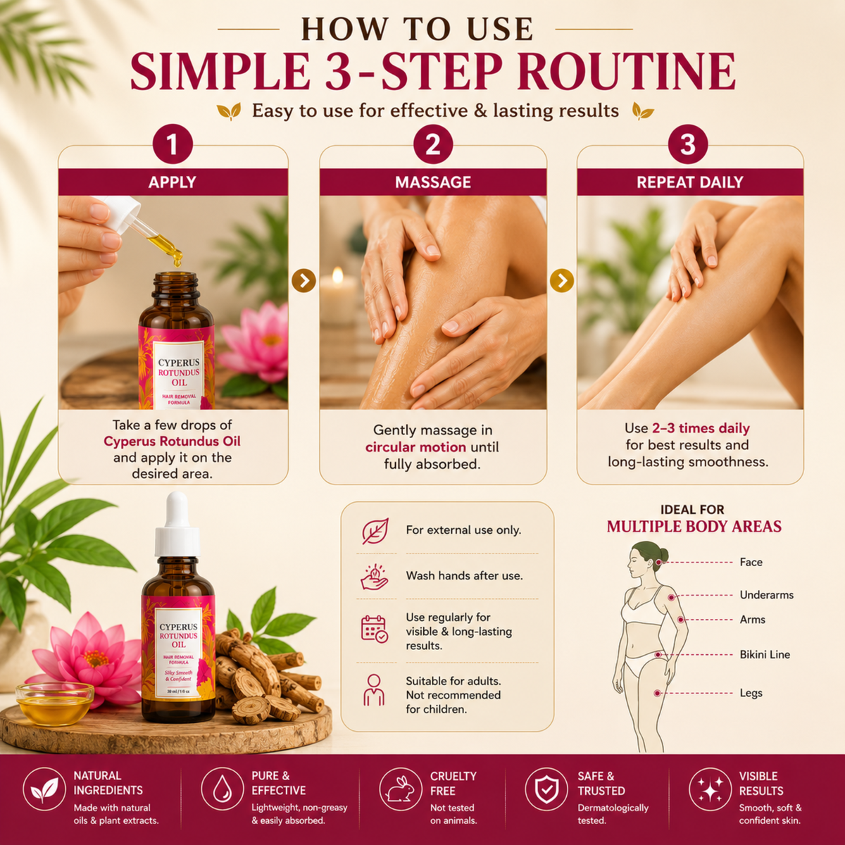 Cyperus Rotundus Hair Removal Oil, Botanical Oil For Hair Removal Spray & Smooth Skin Feel, Hair Reduction Oil for Face, Arms, Legs & Body, For Men & Women 30ml