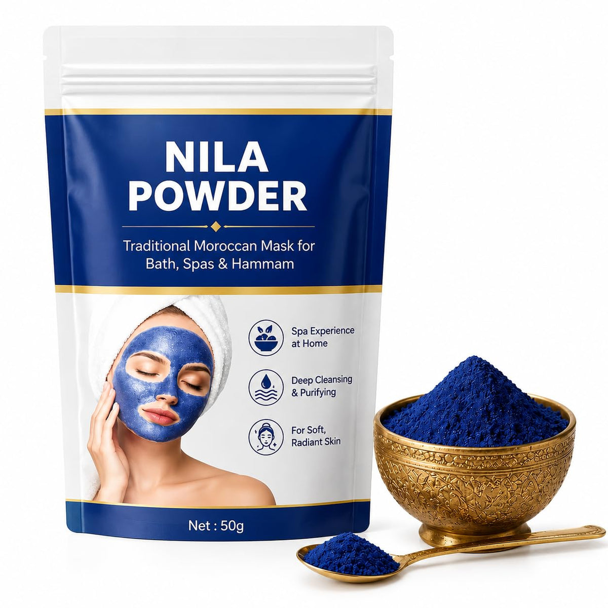 Moroccan Bliss Traditional Nila Powder for Face and Bod Natural Blue Moroccan for Bath, Spa and Hammam Deep Cleansing, Exfoliating and Refreshing Beauty Care,50g